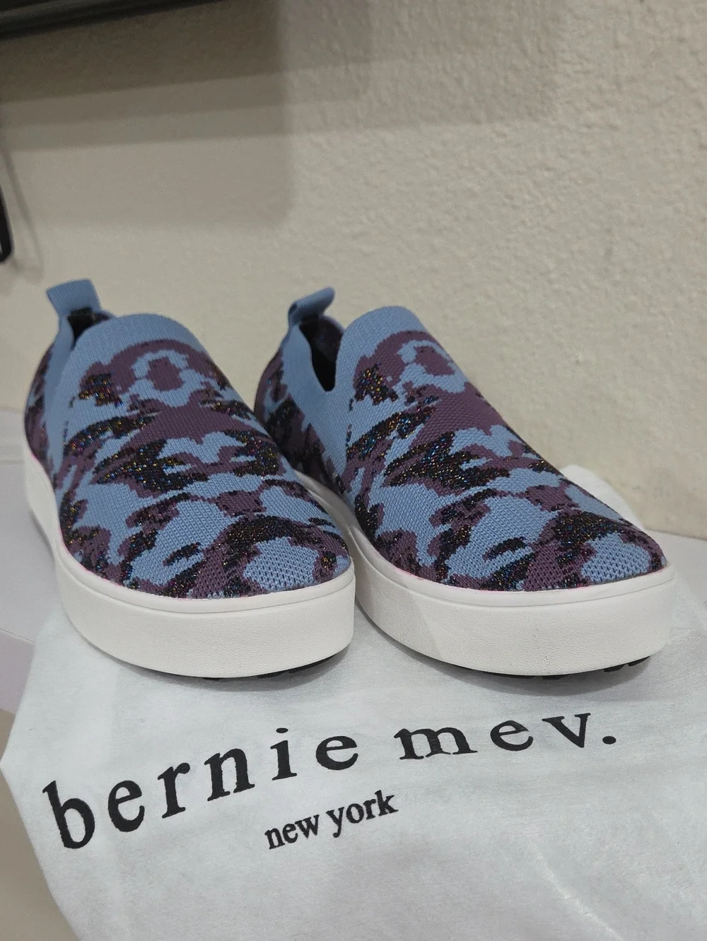 bernie mev. Knit Slip-On Sneakers in Light Blue and Purple Camo